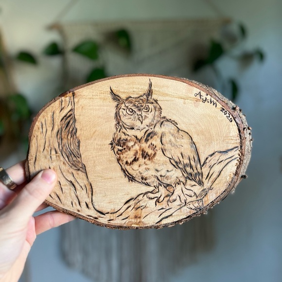 Hand-Burned Owl Wood Art Pyrography Rustic Cottagecore, Woodland, Nature Decor - Picture 7 of 8